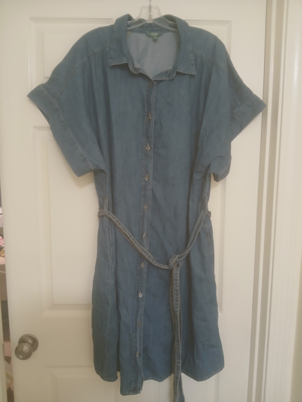 Denim Button-Up Shirt Dress with Waist Tie - Blue